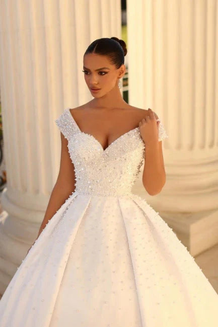 Ivory Wedding Dress Off The Shoulder Ball Gown Sequined Bridal Dress With Sweep Train Sexy