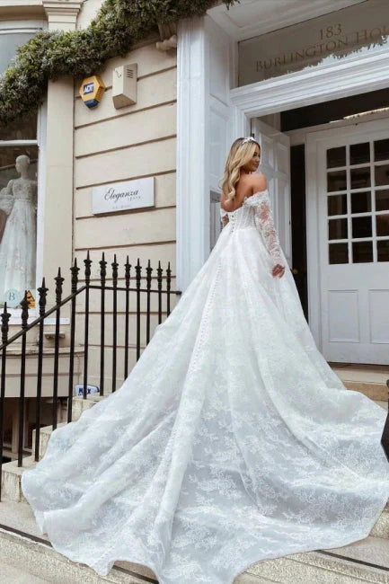 Elegant Wedding Dress A Line Long Sleeves Lace Bridal Dress Off Shoulder with Appliques Sexy