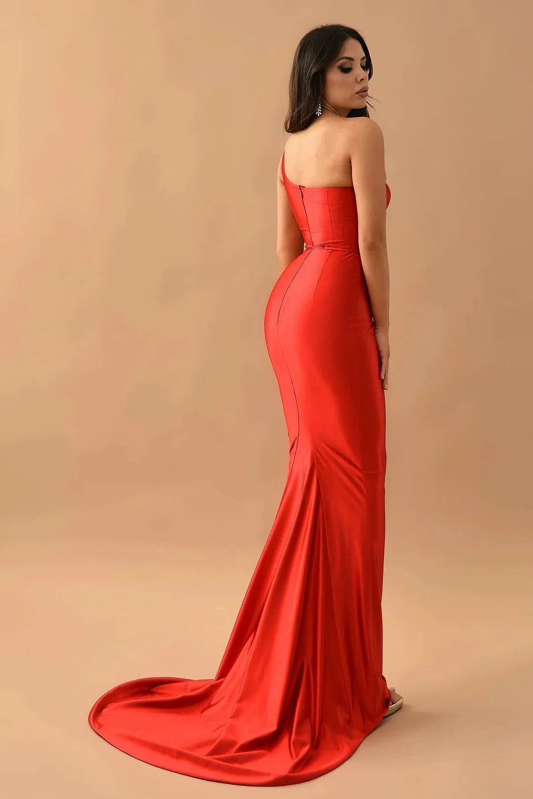 Fashion Red One Shoulder Sleeveless Mermaid Evening Dress Long