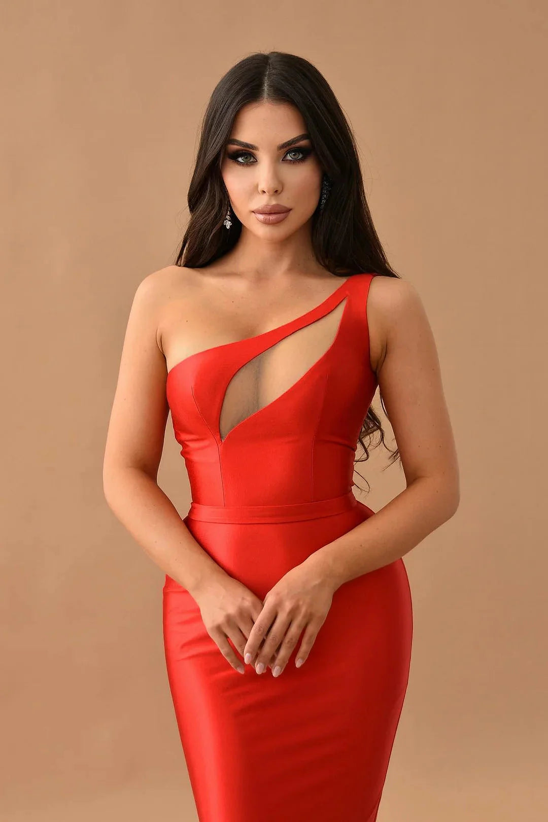 Fashion Red One Shoulder Sleeveless Mermaid Evening Dress Long