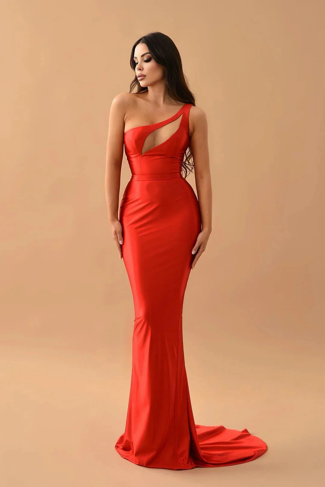 Fashion Red One Shoulder Sleeveless Mermaid Evening Dress Long