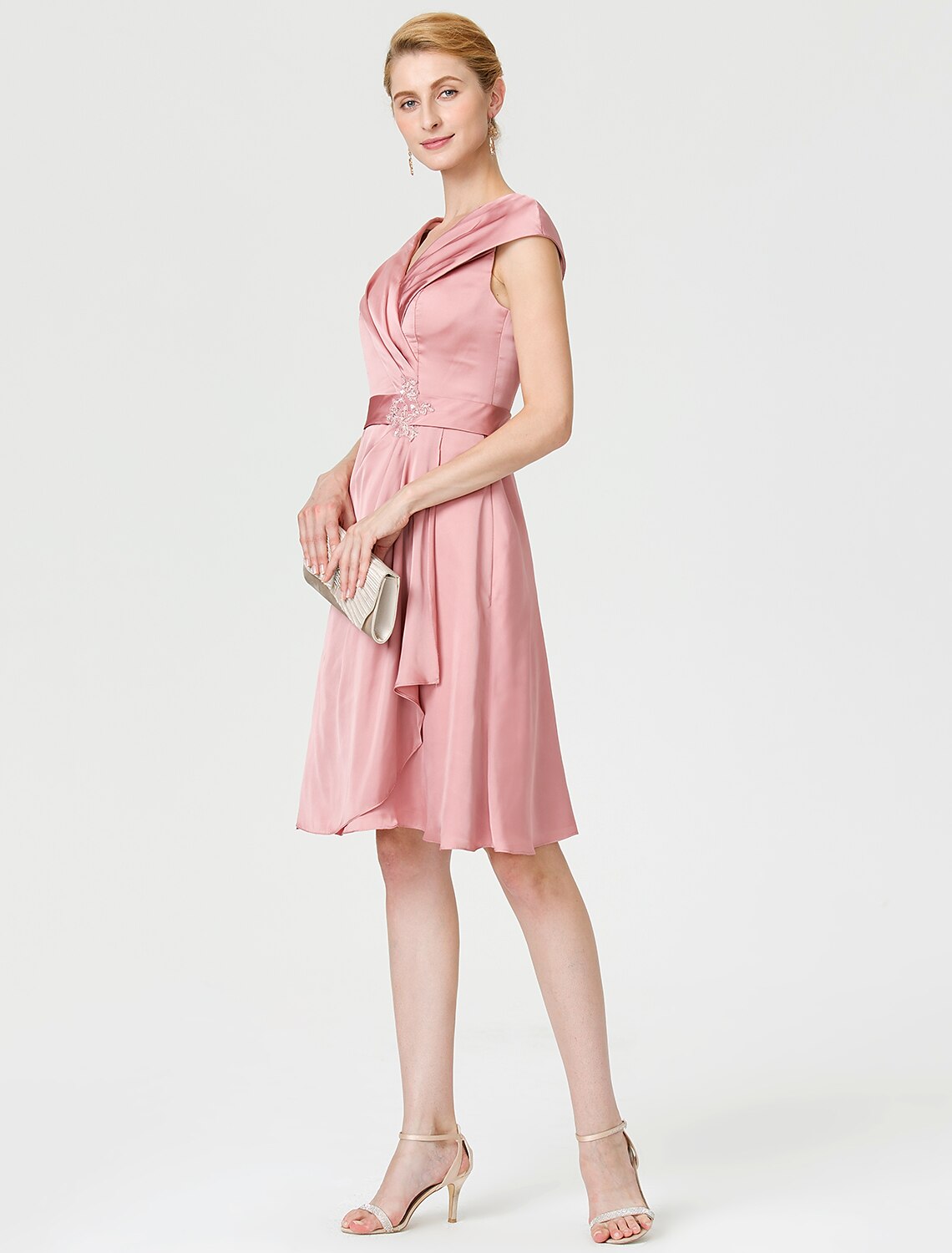 Aimishang A-Line Mother of the Bride Dress Elegant V Neck Knee Length Satin Chiffon Short Sleeve No with Sash / Ribbon Pleats Beading