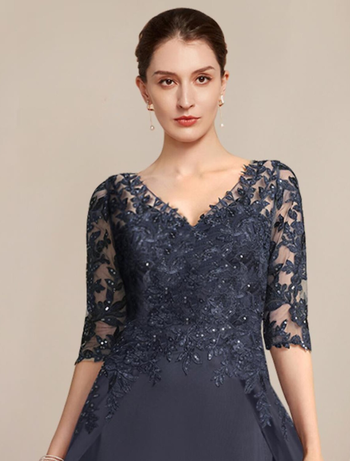 Aimishang Sheath / Column Mother of the Bride Dress Formal Wedding Guest Elegant V Neck Floor Length Chiffon Lace Half Sleeve with Sequin Appliques