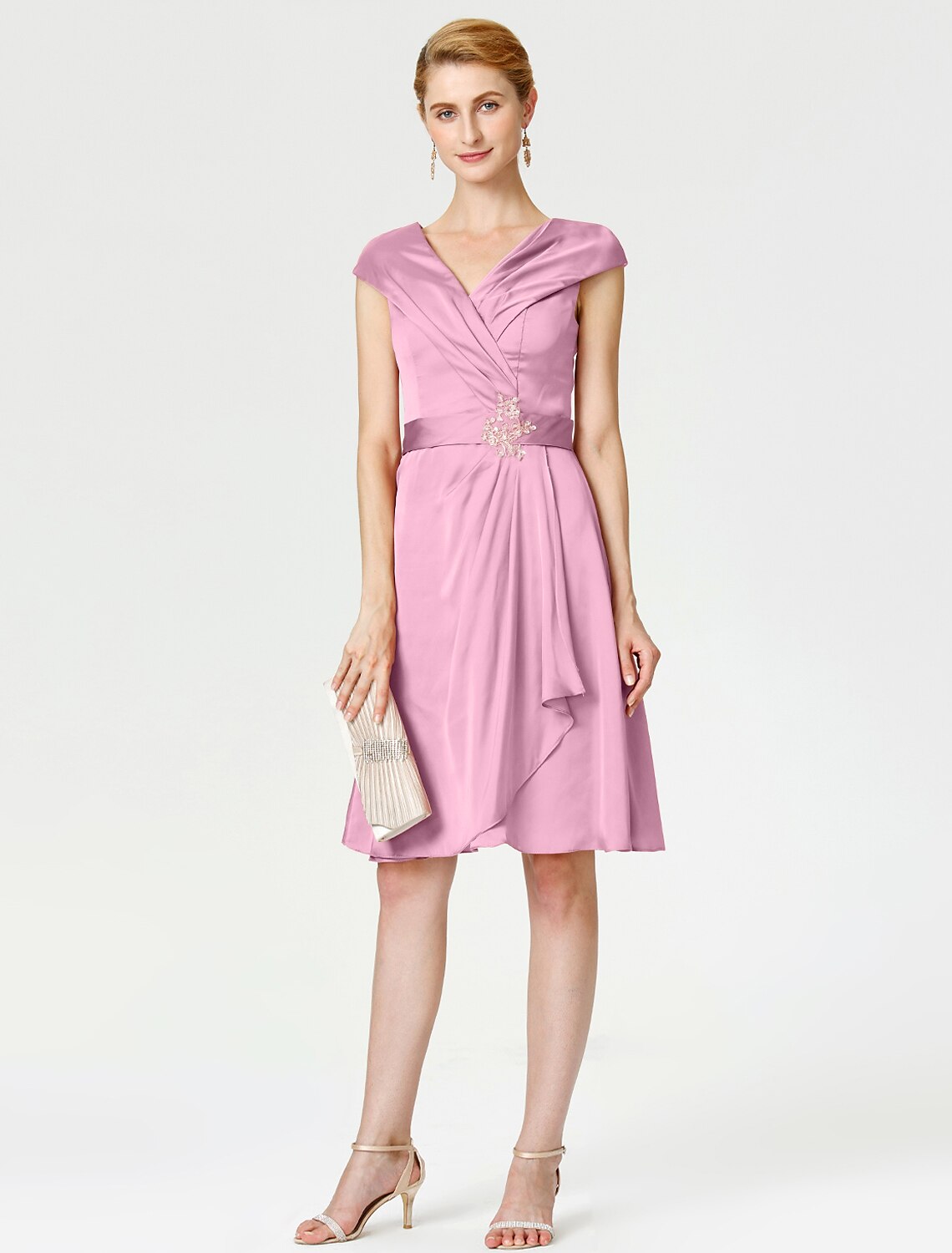 Aimishang A-Line Mother of the Bride Dress Elegant V Neck Knee Length Satin Chiffon Short Sleeve No with Sash / Ribbon Pleats Beading