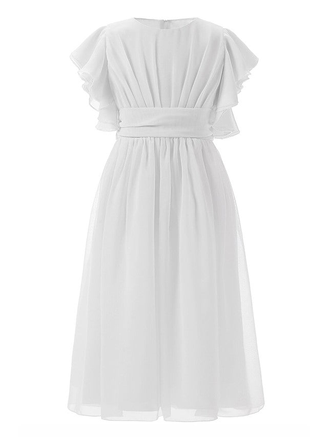 Floor-length Jewel Flower Girl Dresses with Ruffles and Short Sleeves