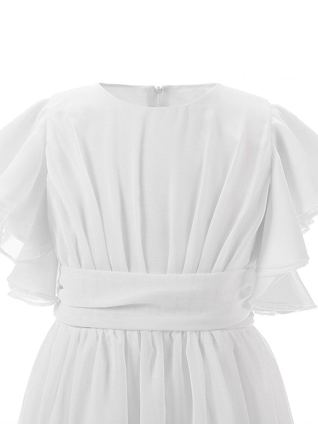 Floor-length Jewel Flower Girl Dresses with Ruffles and Short Sleeves