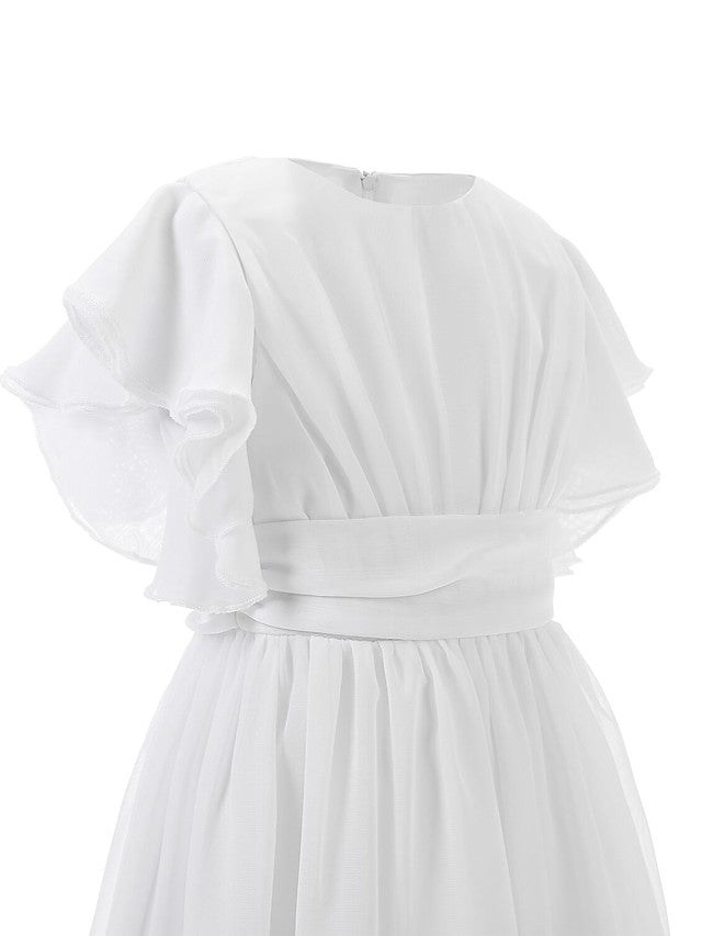 Floor-length Jewel Flower Girl Dresses with Ruffles and Short Sleeves