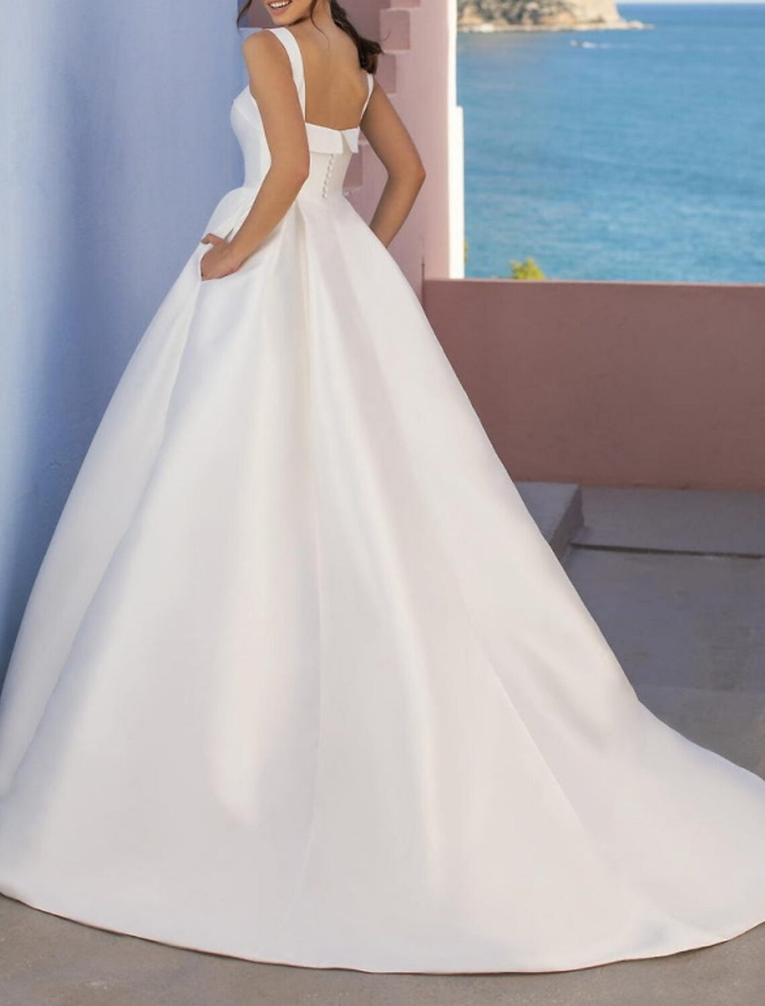 Hall Casual Wedding Dresses A-Line Square Neck Regular Straps Sweep / Brush Train Satin Bridal Gowns