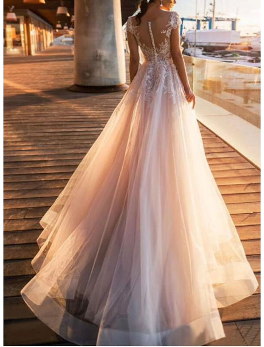 Beach Wedding Dresses A-Line Illusion Neck Cap Sleeve Floor Length Lace Bridal Gowns With Pleats Ivory