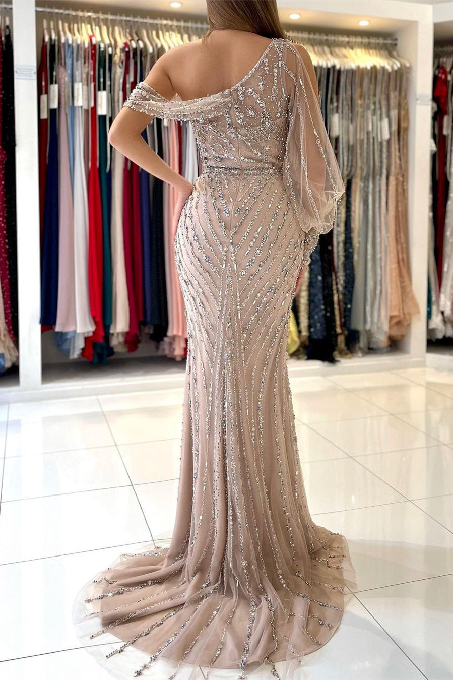 Glamorous Long Sleeves Mermaid One Shoulder Tulle Beads Prom Dress With Split