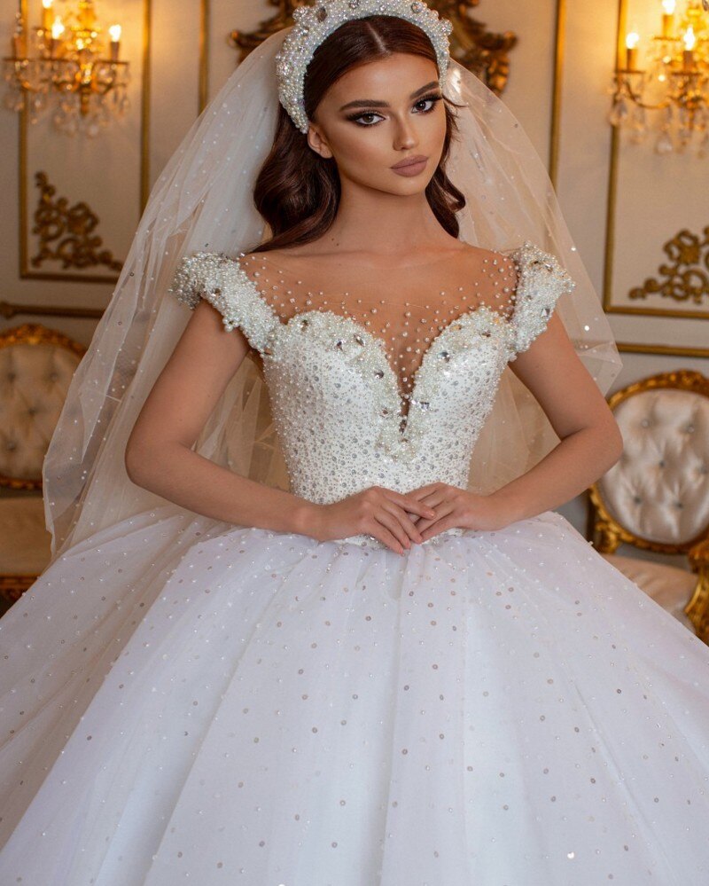 Glamorous Off-the-Shoulder Beaded Princess Wedding Dress with Pearl Tulle