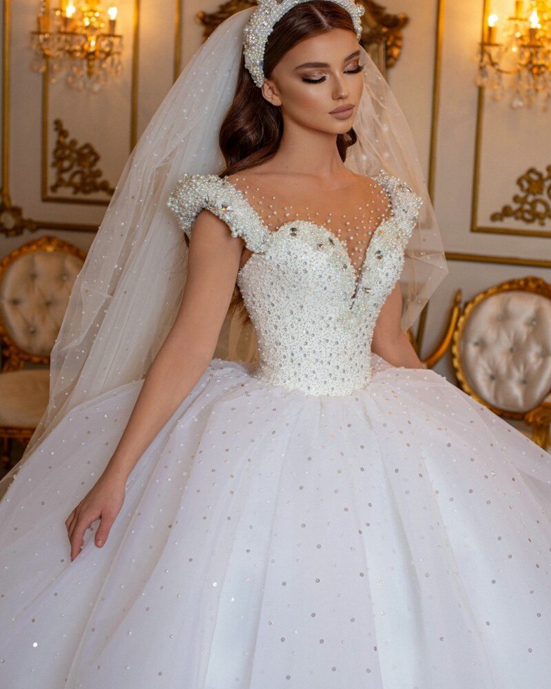 Glamorous Off-the-Shoulder Beaded Princess Wedding Dress with Pearl Tulle