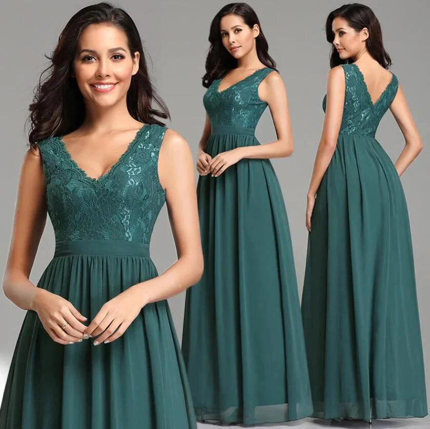 Glamorous V-Neck Sleeveless Lace Long Chiffon Evening Gowns