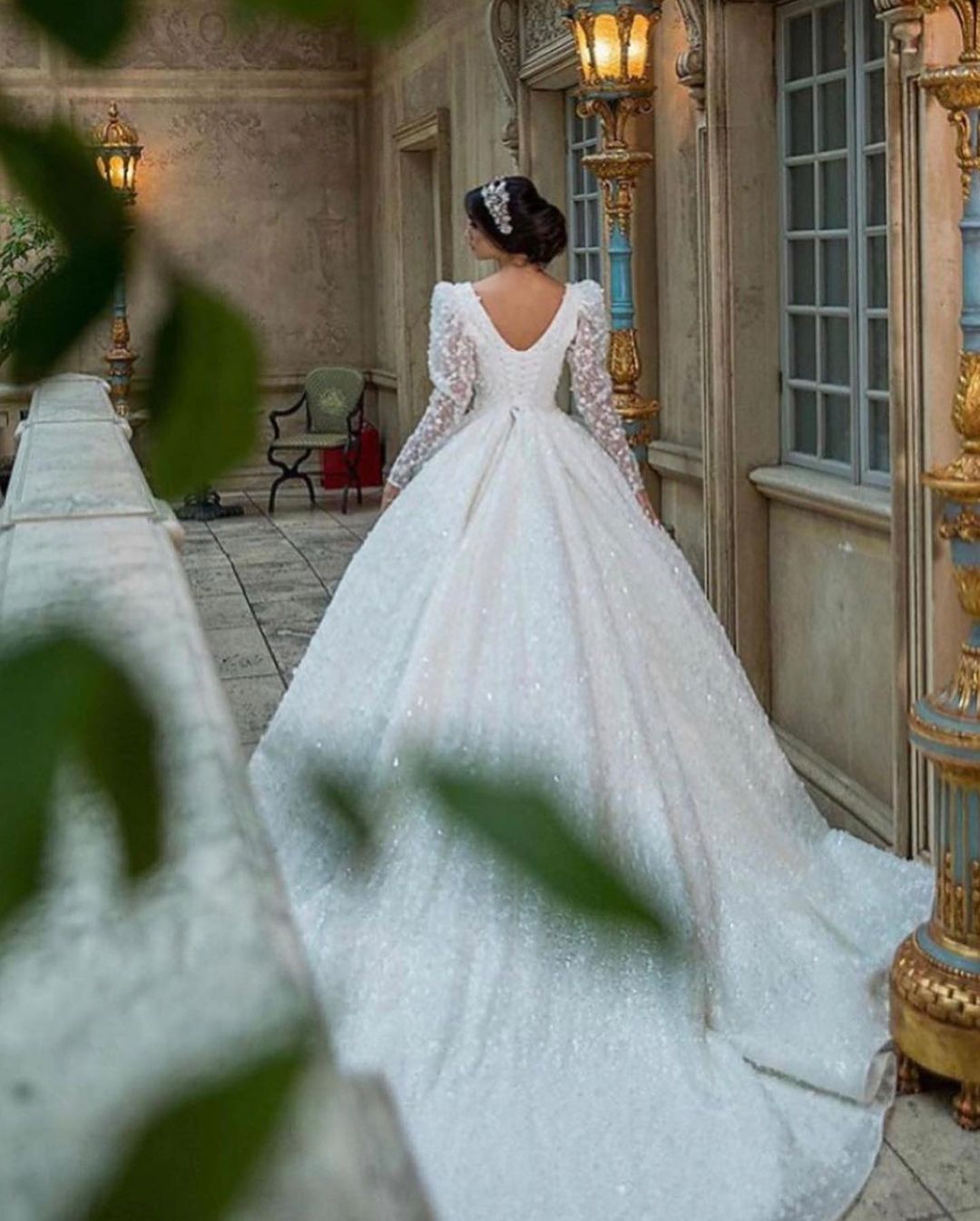 Gorgeous A-Line Deep V-neck Long Sleeve Train Wedding Dress With Appliques Lace