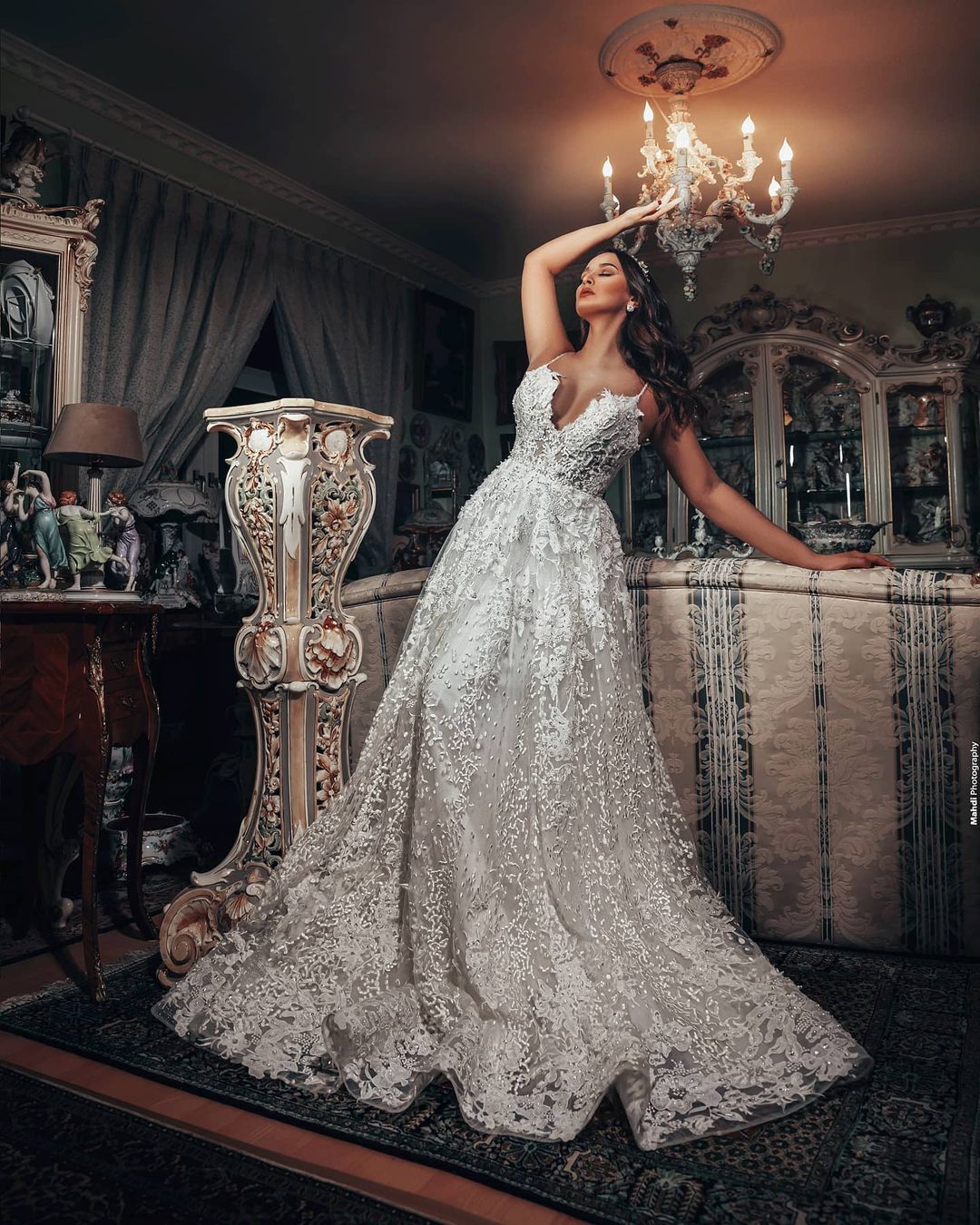 Gorgeous A-Line V-Neck Wedding Dress with 3D Floral Lace