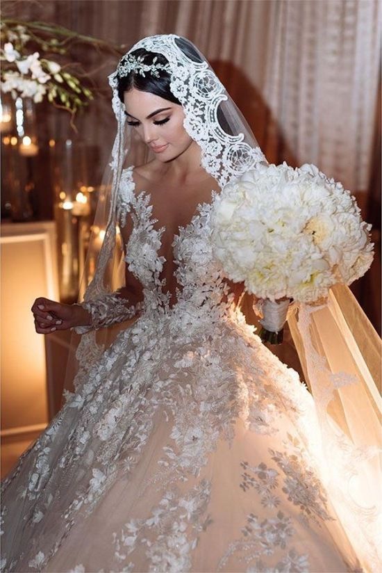 Gorgeous Bateau Lace Wedding Dress with Long Sleeves and Backless Design