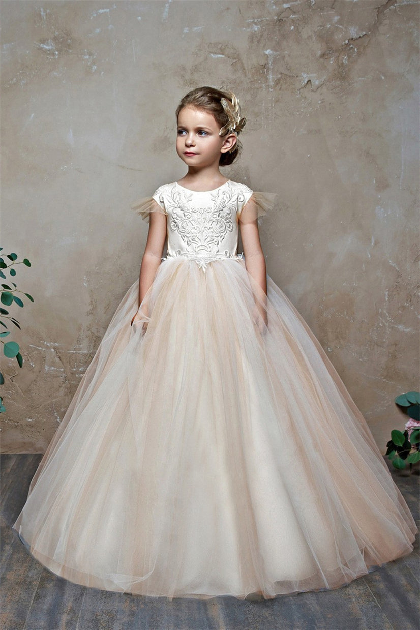 Gorgeous Cap Sleeveless Tulle Flower Girl Dress with Zipper Button Back and Bowknot
