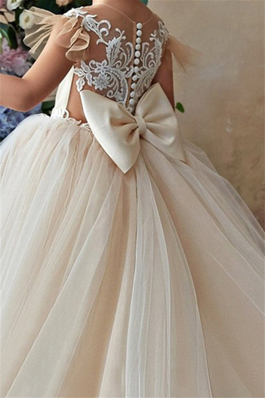 Gorgeous Cap Sleeveless Tulle Flower Girl Dress with Zipper Button Back and Bowknot