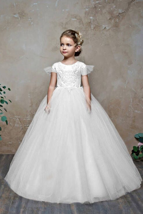 Gorgeous Cap Sleeveless Tulle Flower Girl Dress with Zipper Button Back and Bowknot