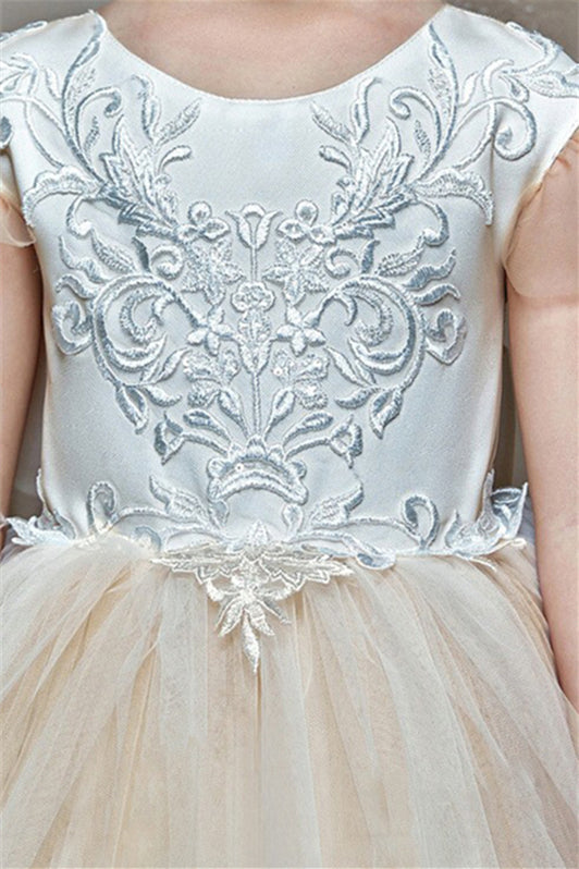 Gorgeous Cap Sleeveless Tulle Flower Girl Dress with Zipper Button Back and Bowknot