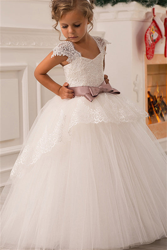 Gorgeous Cap Sleeves Flower Girl Dress Ball Gown Princess With Lace Appliques