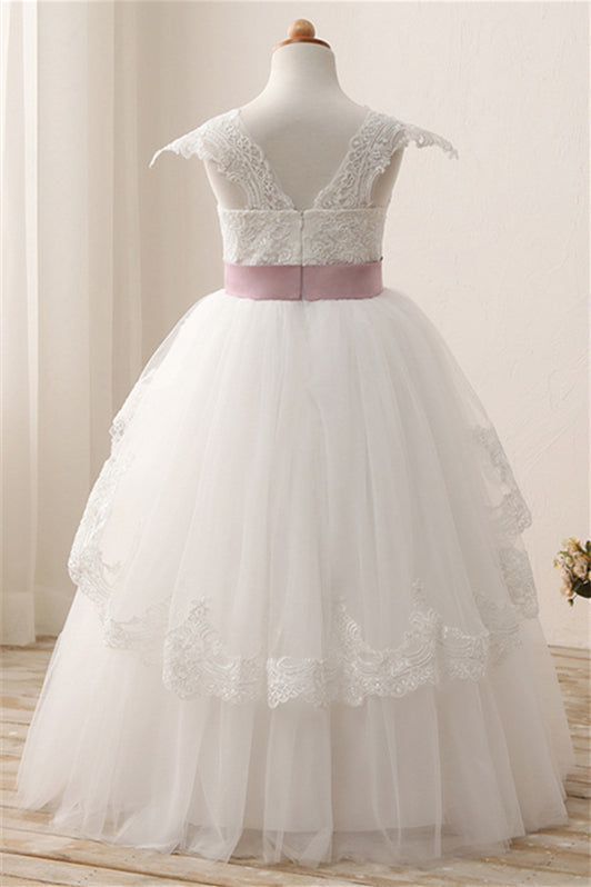 Gorgeous Cap Sleeves Flower Girl Dress Ball Gown Princess With Lace Appliques