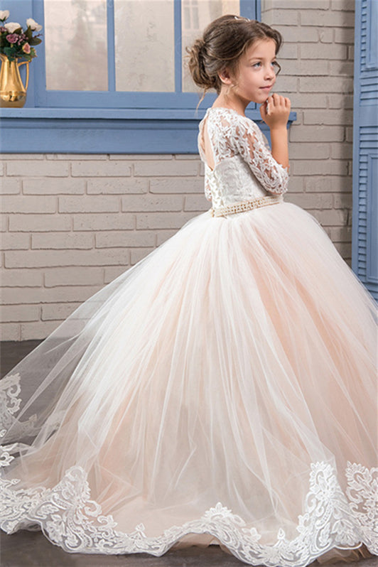 Gorgeous Lace Flower Girl Dress in Half Sleeves with Tulle Champagne Gown