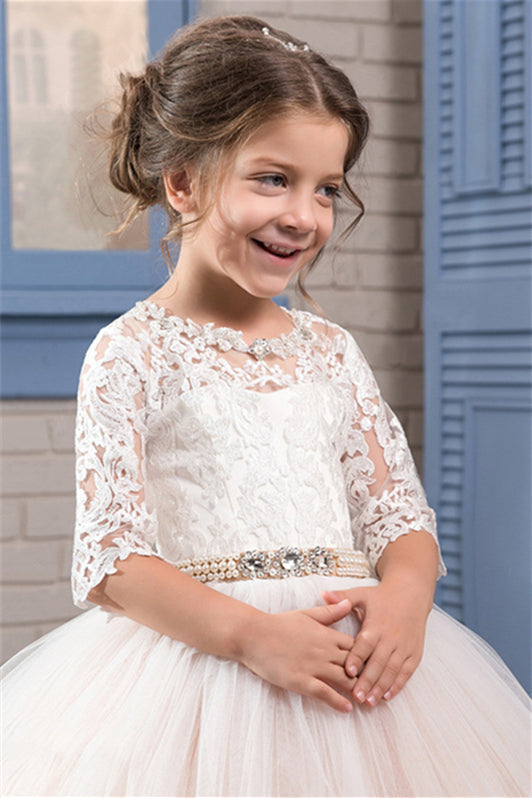 Gorgeous Lace Flower Girl Dress in Half Sleeves with Tulle Champagne Gown