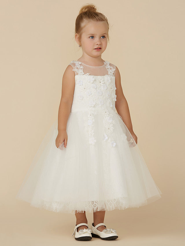 Gorgeous Lace Tulle Sleeveless Illusion Neck Flower Girl Dress With Beading Appliques