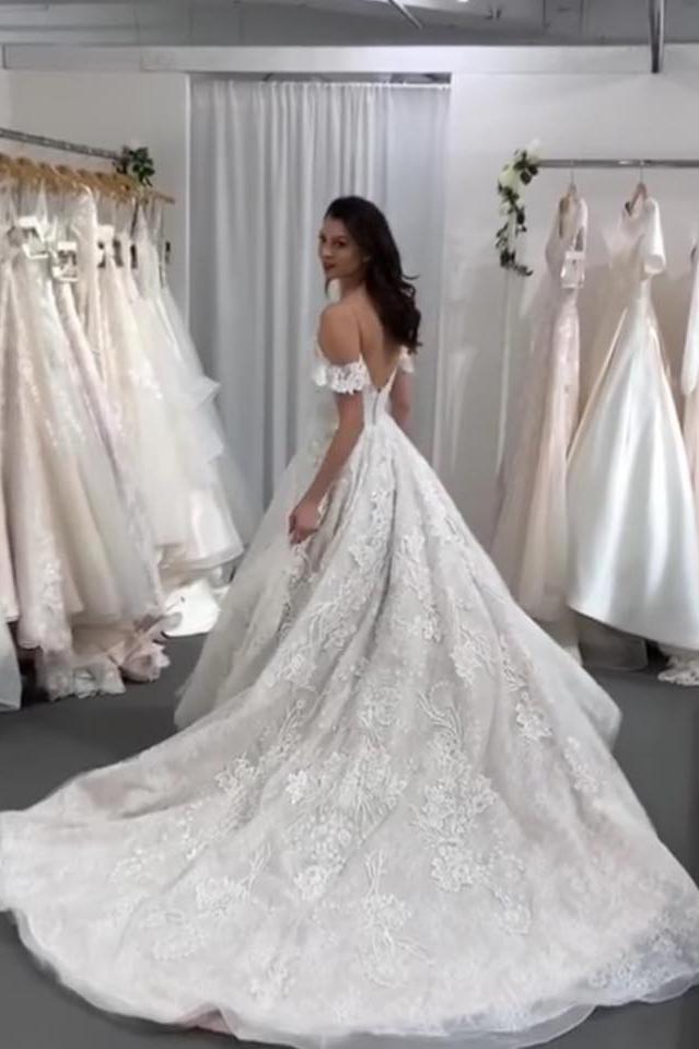 Gorgeous Long A-line Spaghetti-Straps Backless Wedding Dress with Tulle Lace