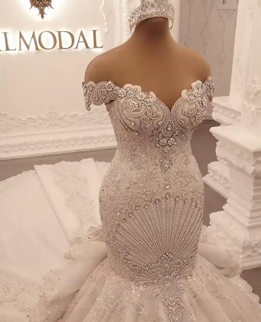 Gorgeous Off-The-Shoulder Mermaid Wedding Dress with Crystal