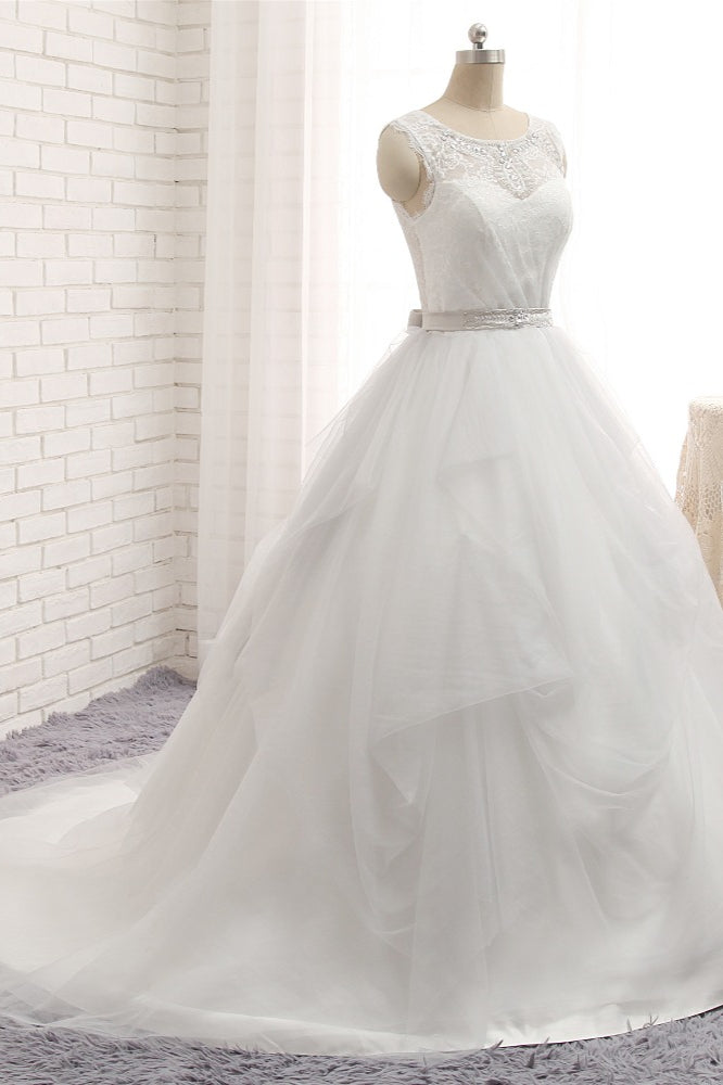 Gorgeous Princess Jewel Long Wedding Dress With Tulle Lace
