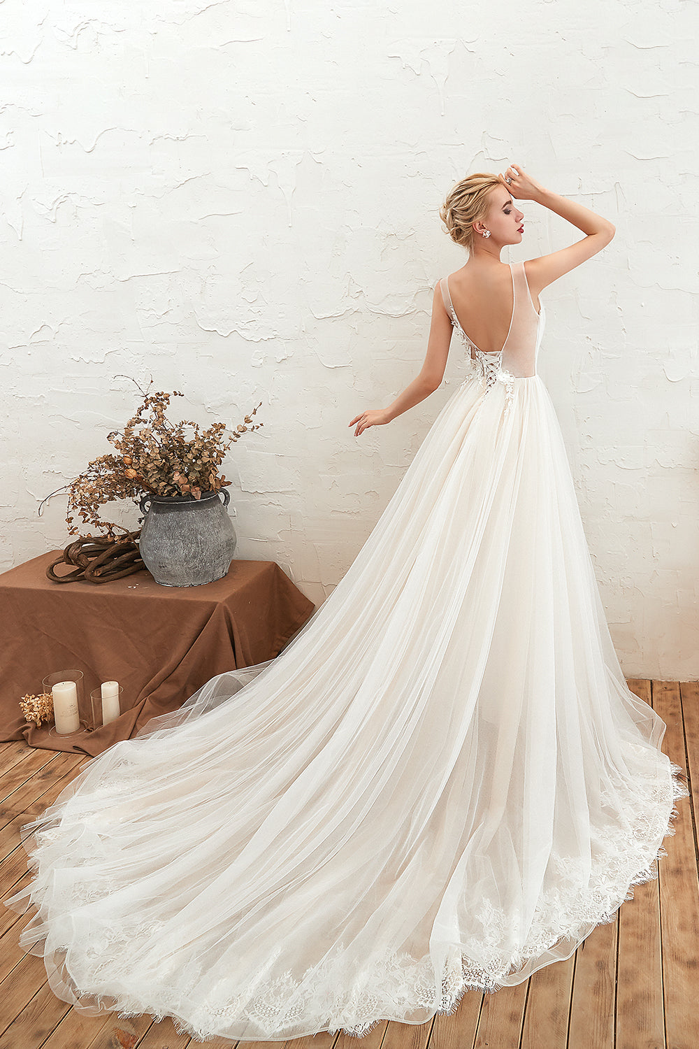 Gorgeous Straps Deep V-Neck Wedding Dress with Tulle