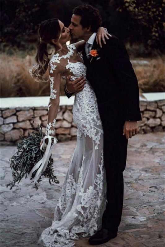 Gorgeous Tulle Lace Appliques Wedding Dress with Column Long Sleeves and Backless Mermaid Style