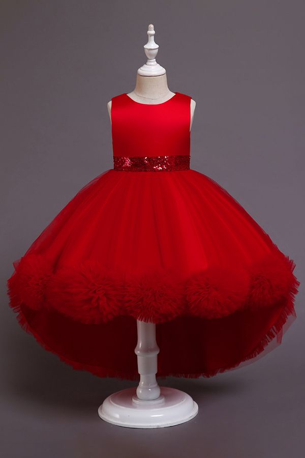 Green Jewel Hi-Lo Flower Girl Dress with Appliques
