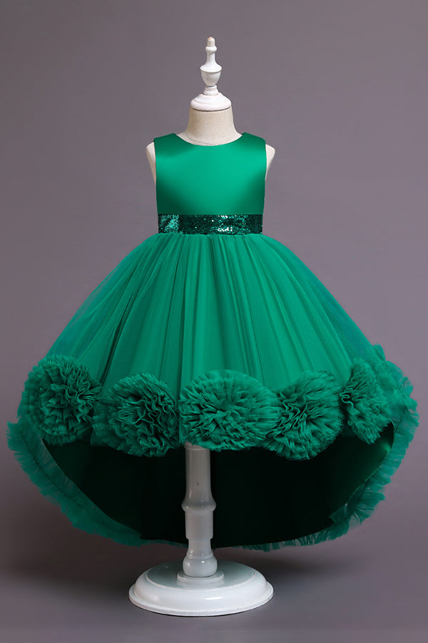 Green Jewel Hi-Lo Flower Girl Dress with Appliques