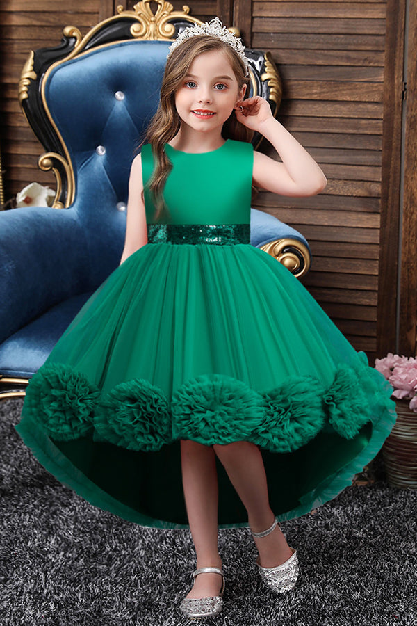 Green Jewel Hi-Lo Flower Girl Dress with Appliques