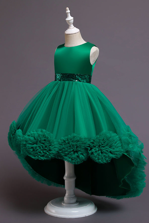 Green Jewel Hi-Lo Flower Girl Dress with Appliques