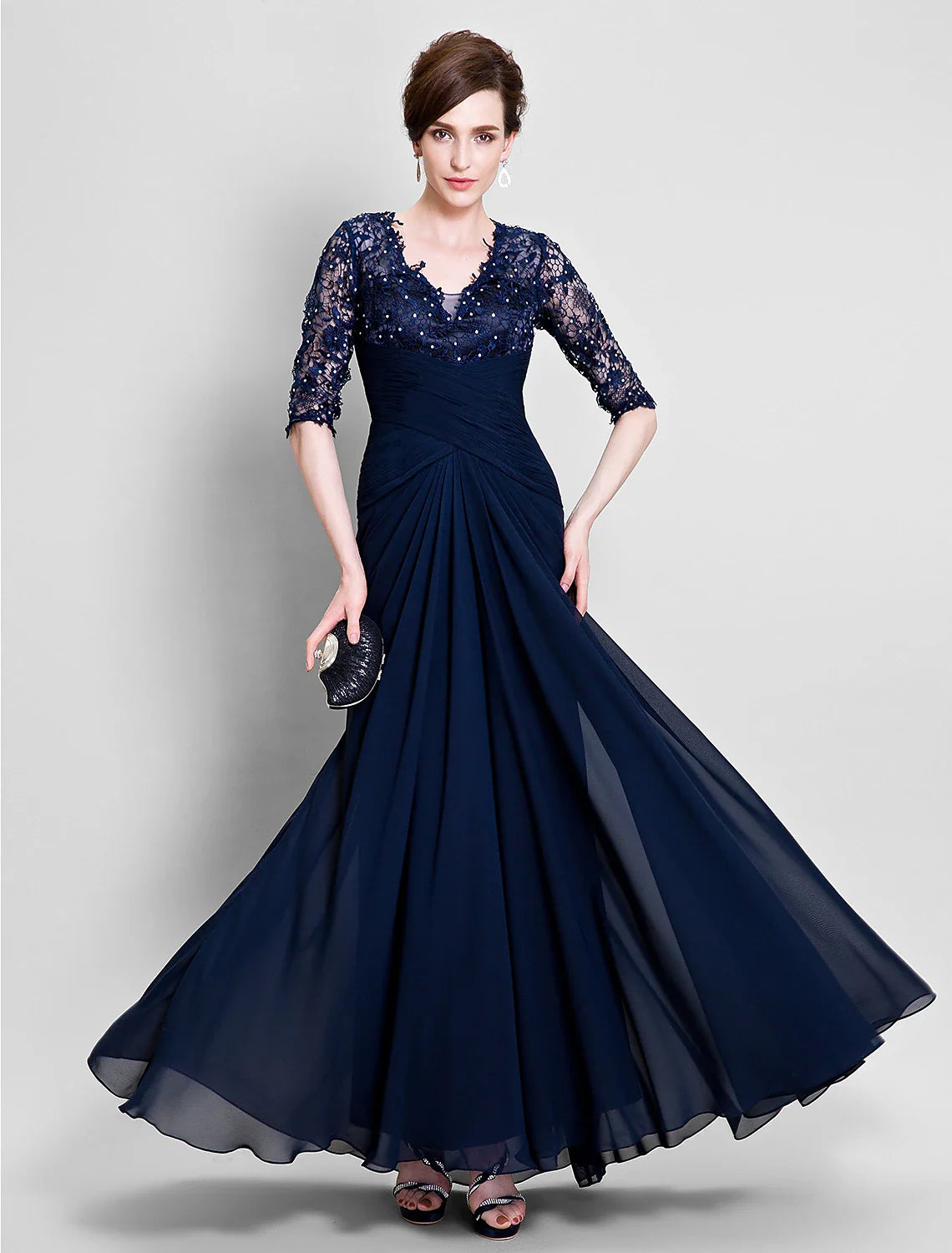 Aimishang A-Line Mother of the Bride Dress See Through V Neck Floor Length Chiffon Lace Half Sleeve No with Lace Beading