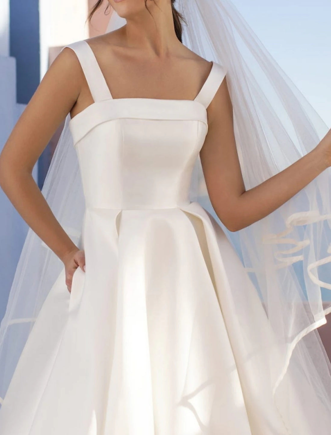 Hall Casual Wedding Dresses A-Line Square Neck Regular Straps Sweep / Brush Train Satin Bridal Gowns