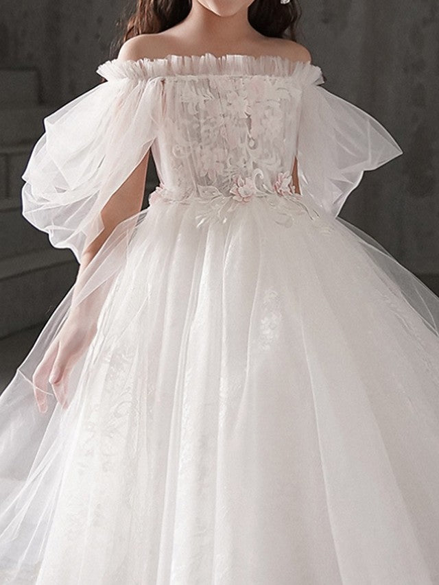 Half Sleeve Off Shoulder Flower Girl Dress with Appliques for Ball Gowns
