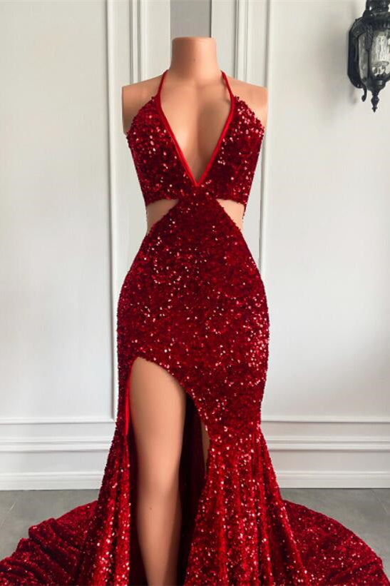 Halter Wine Red Sequins Mermaid Prom Dress With Split