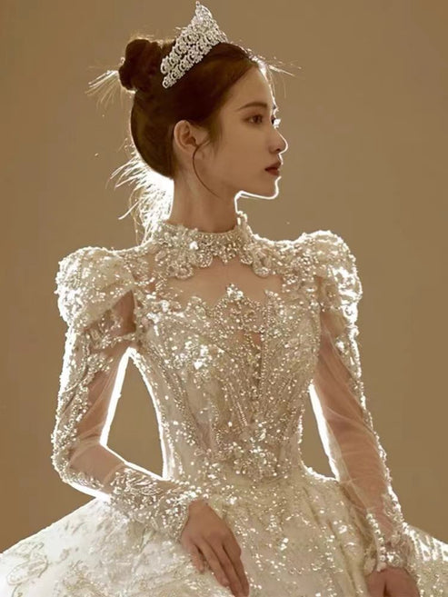 Floral Lace Off-Shoulder Fit and Flare Wedding Dress Long Sleeve Sparkly Elegant