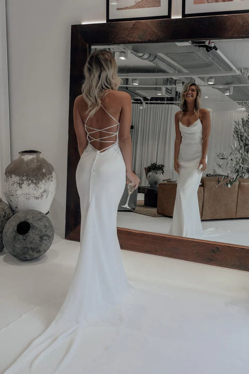 Mermaid Satin White Spaghetti-Straps Wedding Dresses With Lace-Up Back Sexy