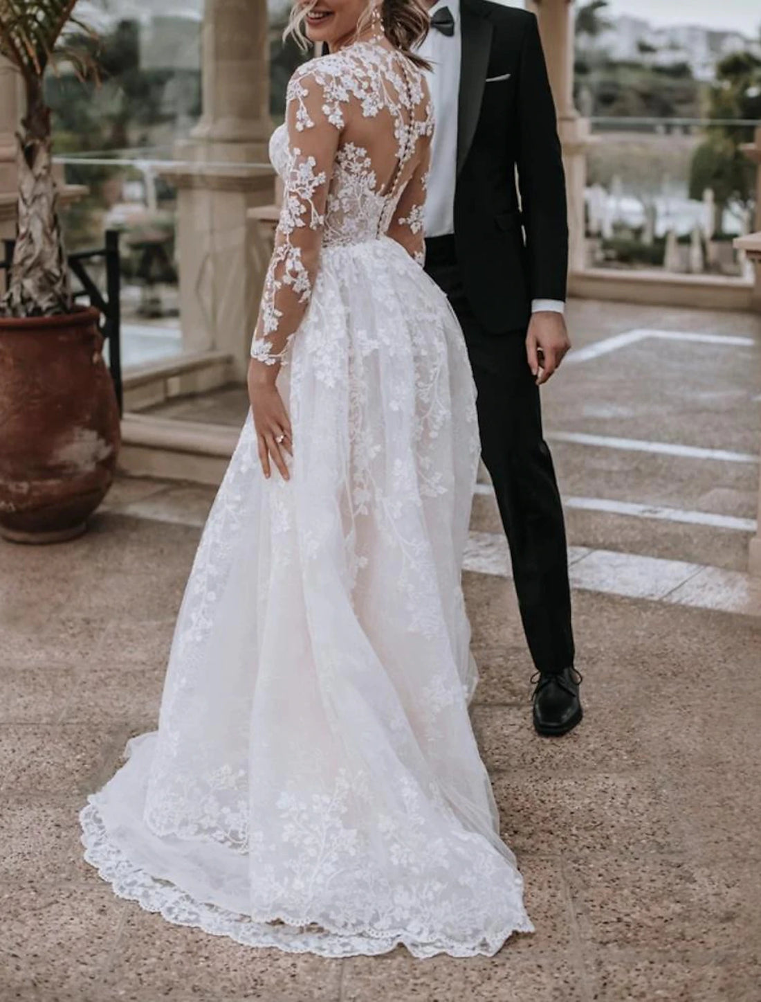 Beach Formal Wedding Dresses A-Line Illusion Neck Long Sleeve Sweep / Brush Train Lace Bridal Gowns With Pleats
