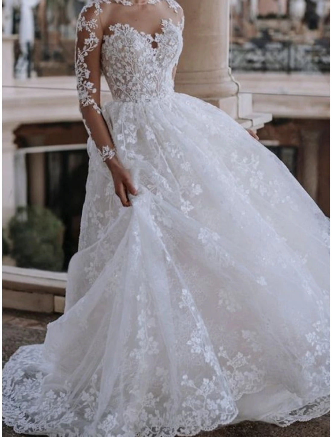 Beach Formal Wedding Dresses A-Line Illusion Neck Long Sleeve Sweep / Brush Train Lace Bridal Gowns With Pleats