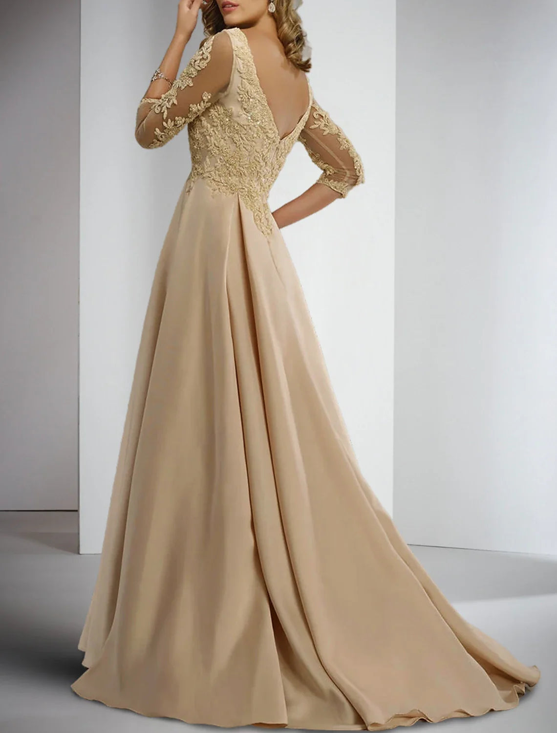 Aimishang Mother of the Bride Dress Sheath / Column Formal Wedding Guest V Neck Floor Length Satin Lace 3/4 Length Sleeve with Appliques