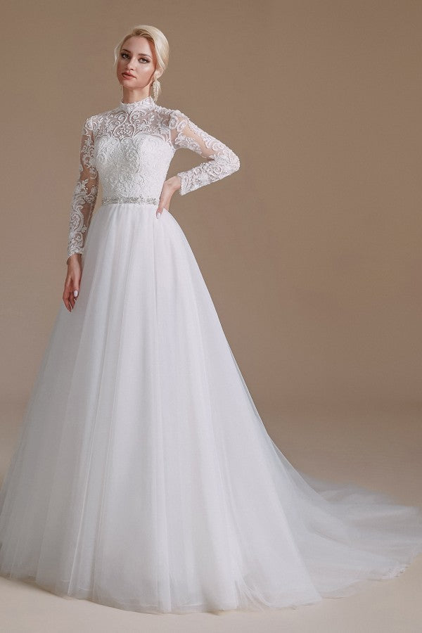 High Neck Long Sleeves Modest A-line Wedding Dress with Tulle Lace