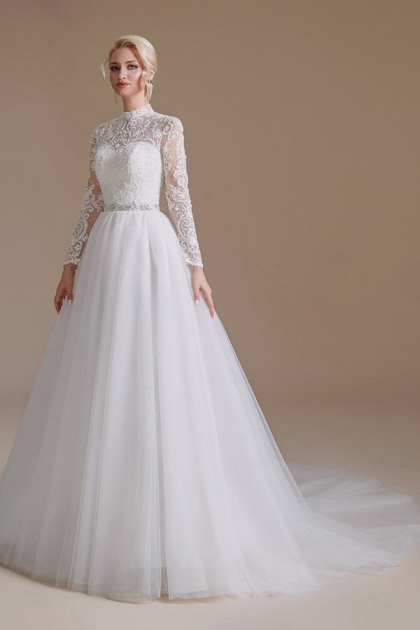 High Neck Long Sleeves Modest A-line Wedding Dress with Tulle Lace
