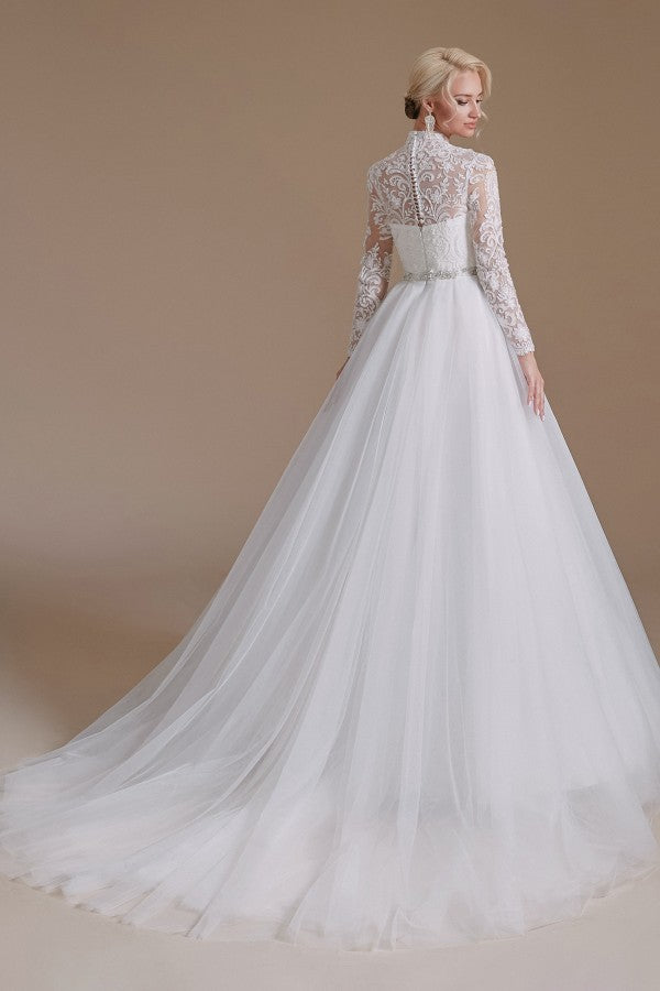 High Neck Long Sleeves Modest A-line Wedding Dress with Tulle Lace
